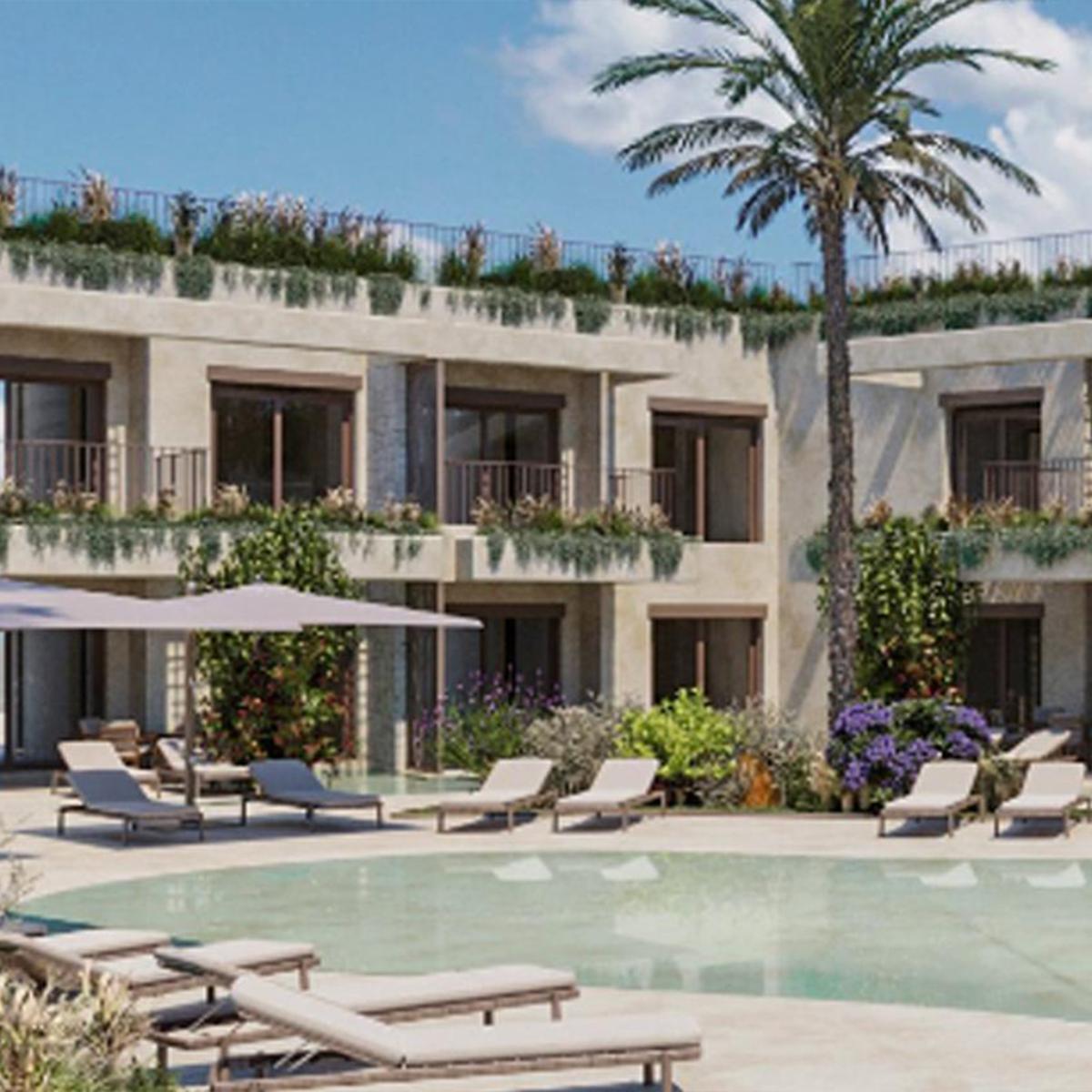 Modern appartementencomplex aan de Costa Blanca Noord met duidelijke weergave van de verschillende woonlagen, balkons en het centrale zwembad.