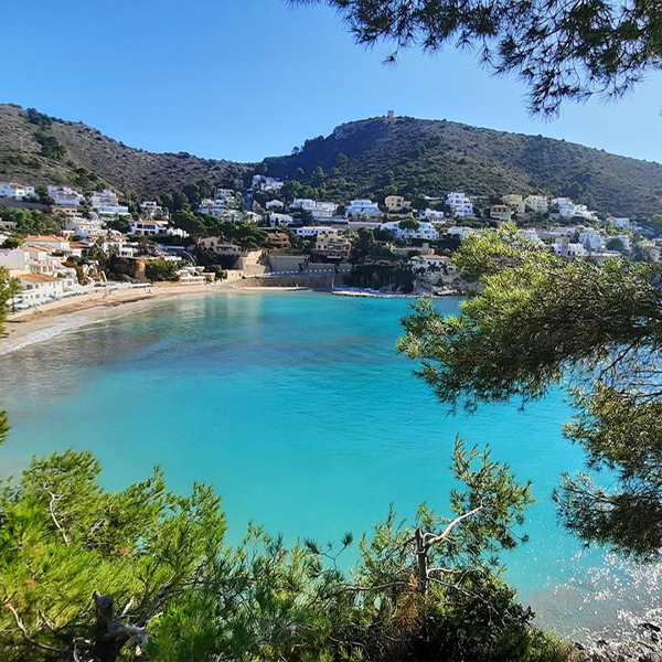 Hooggelegen uitzicht op de turquoise, schelpvormige baai van El Portet in Moraira, omringd door pijnbomen en luxe villa's, een exclusieve trekpleister vlak bij Cala Natura Benissa.